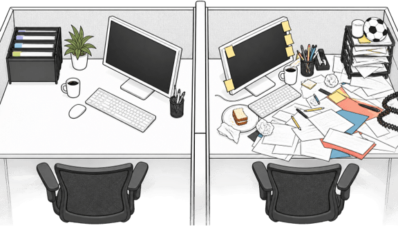 two desk spaces where one is messy